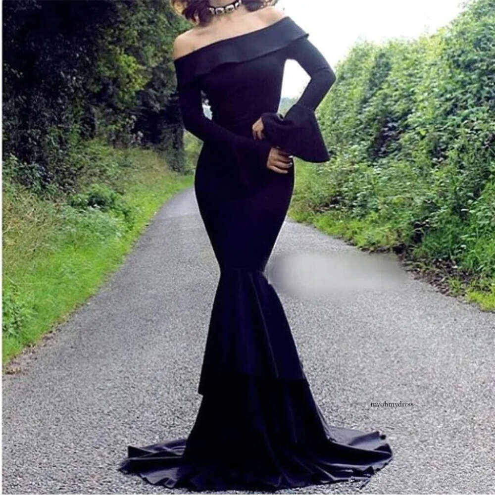 Fitted Black African Mermaid Prom Long Sleeve Trumpet Evening Dresses Women Party Gowns Off The Shoulder Graduation Dresses 0510