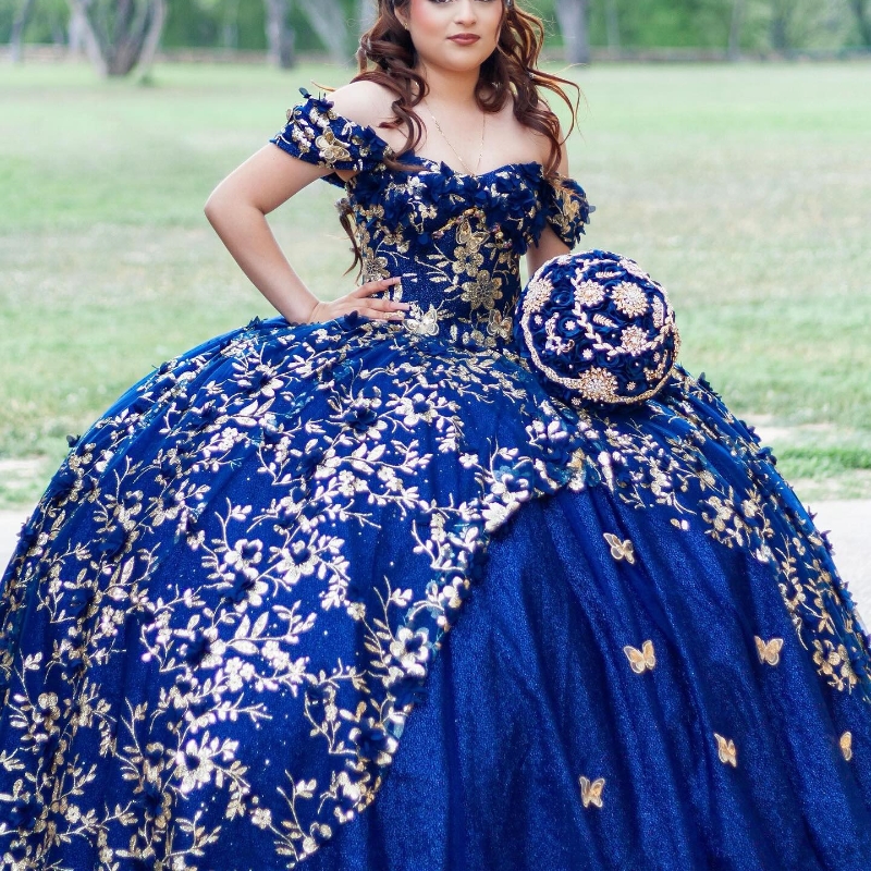Royal Blue Puffy Princess Quinceanera Dresses 2025 Off Shoulder 3D Floral Bow Gillter Sequins Lace-up Corset Vestidos 15 anos rosa