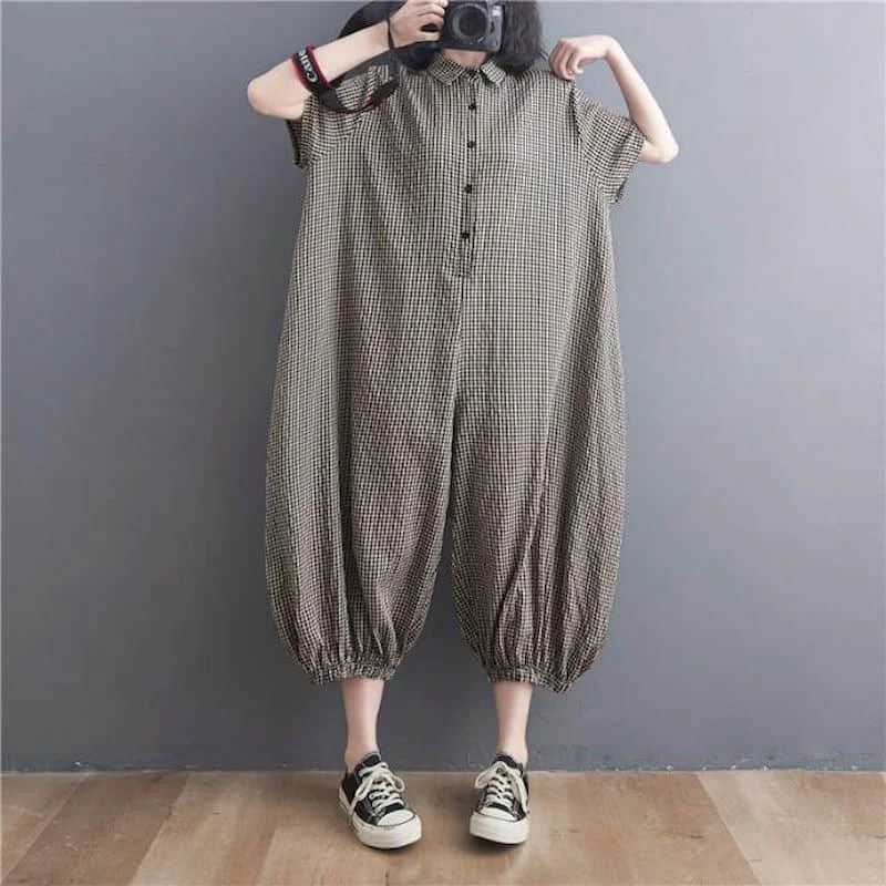 Women's Jumpsuits Rompers Cotton Linen Jumpsuits Casual Summer Polo-neck Plaid Short Slve Korean Fashion One Piece Outfits Women Clothing Loose R