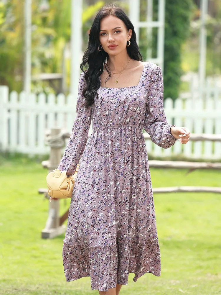 Long Sleeve Maxi Dress for Women Square Neck Casual Boho Floral Print Spring Summer Dresses 240509