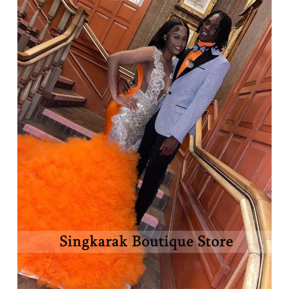 Orange Gorgeous Dias Prom Dress For Black Girls Tiered Ruffle Sparkly Crystal Rhies Tassels Birthday Party