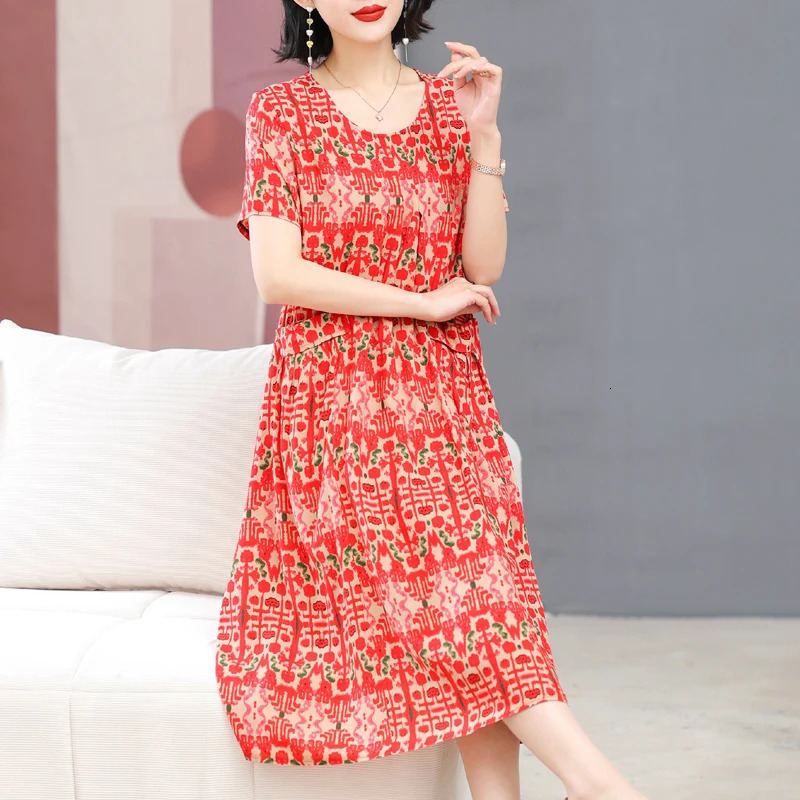 Summer Dresses Oneck Print Long Dress Short Sleeve Women Bohemian cotton style Loose Dresse Clothing 240509