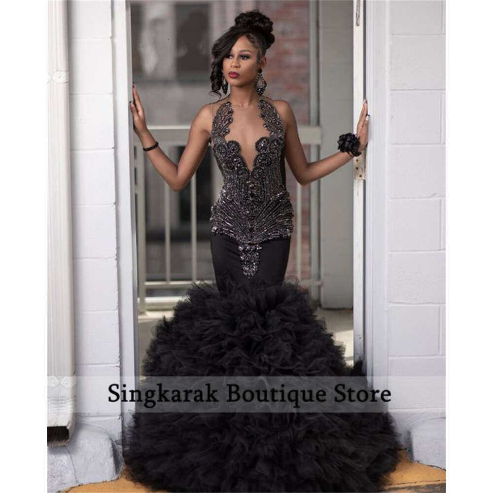 Sexy Black Diamonds Prom Glitter Crystals Beads Rhinestones Tiered Ruffles Birthday Party Dress special Reception Gown