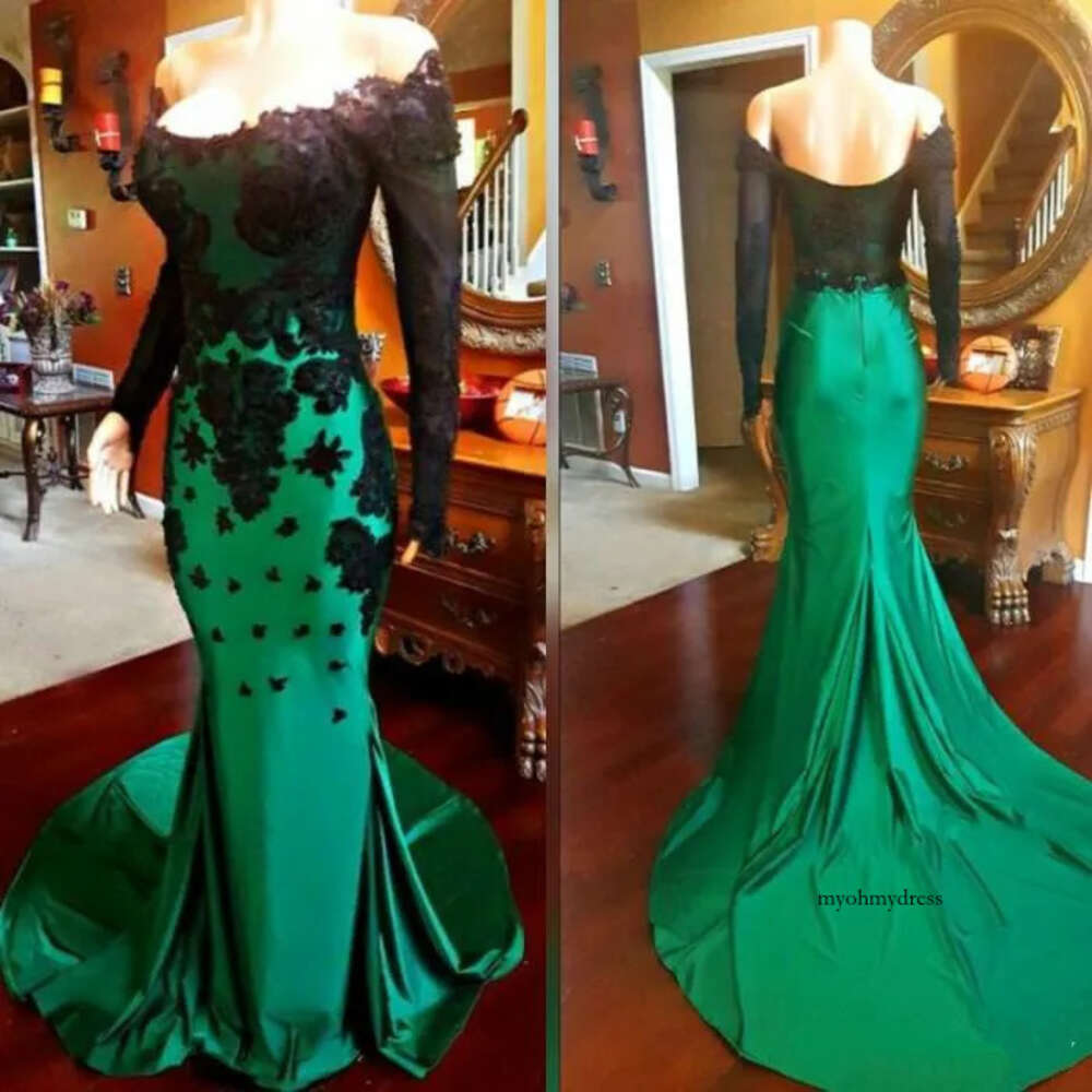 Elegant Dark Green Party Gowns Prom Black Lace Applique Off The Shoulder Evening Dresses Long Sleeve Vestido De Festa Longo 0510