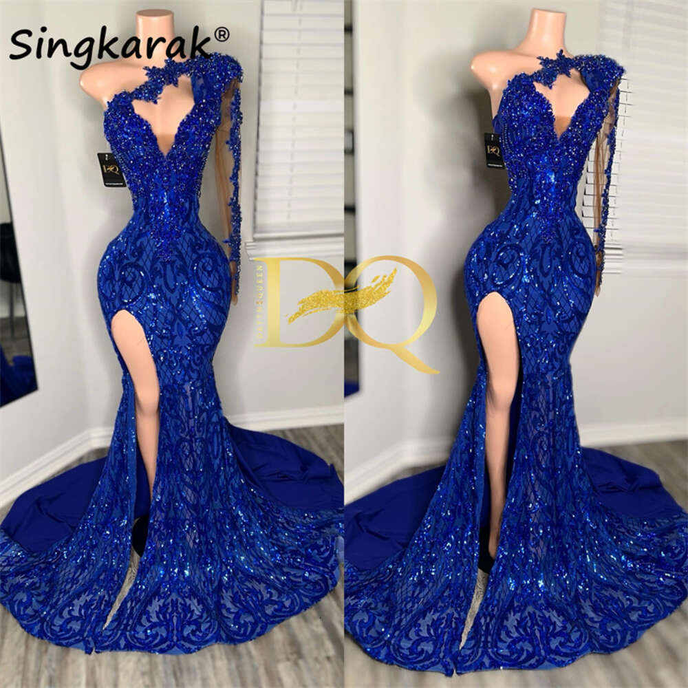 Sparkly Royal Blue Dias Mermaid Prom Glitter Sequins Gown Bead Crystal Rhies One Sleeve Birthday Party Dress
