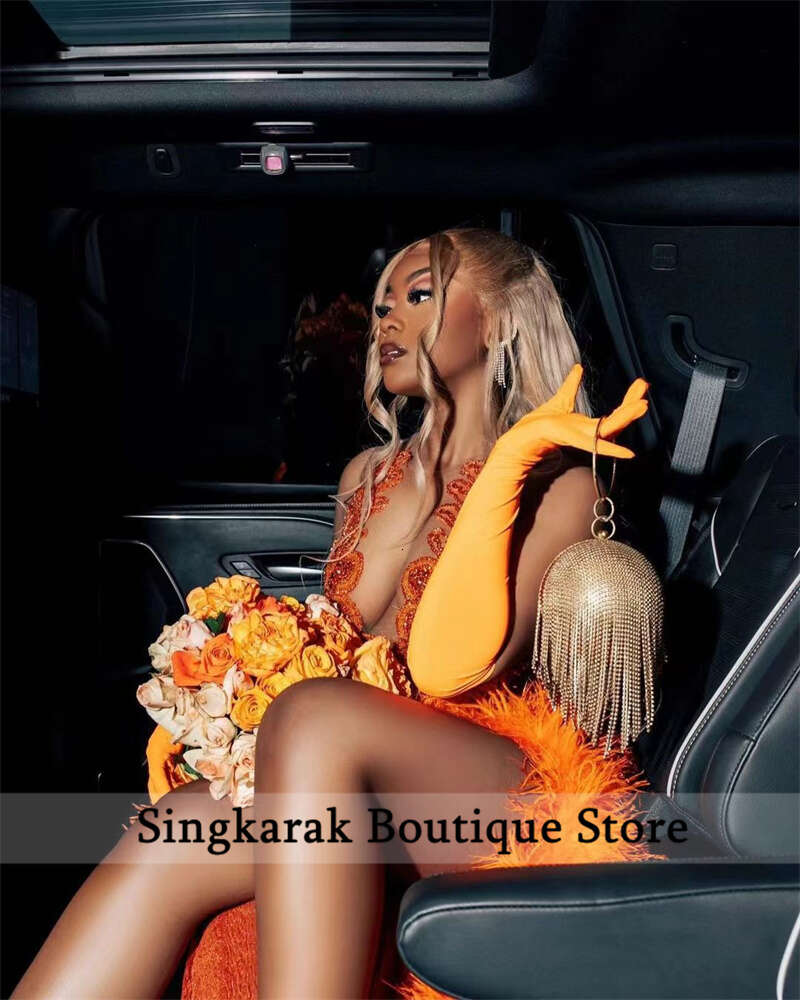 Sparkly Orange Dias Prom Dress 2024 Glitter Crystal Beads Rhies Sequins Gown Feathers special Party