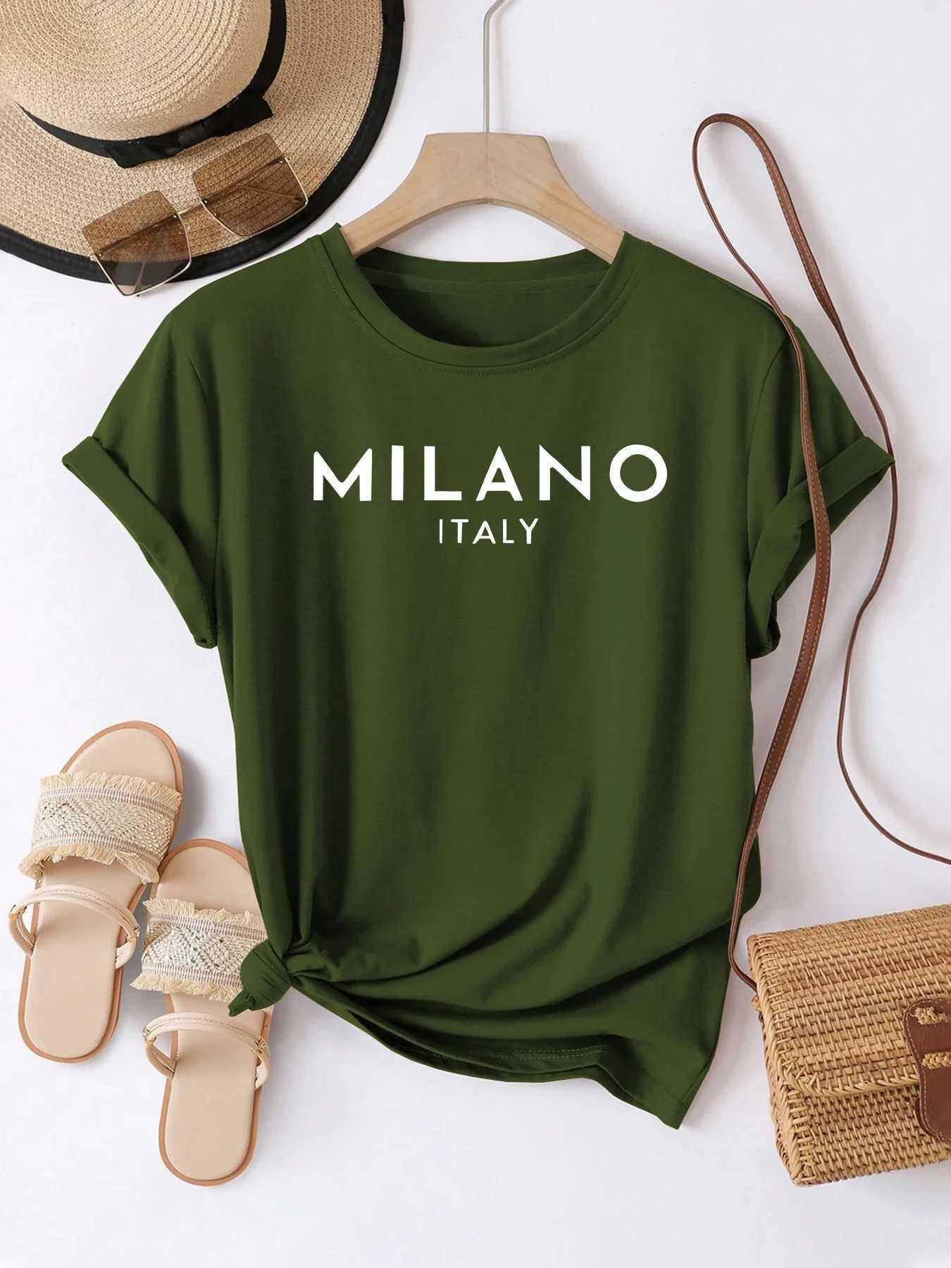 Women's T-Shirt Y2k Short Slves Summer Loose T-Shirt Milano Italy Letter Print T New Casual Crew Neck Fashion Summer Tops Womens Clothing Y24