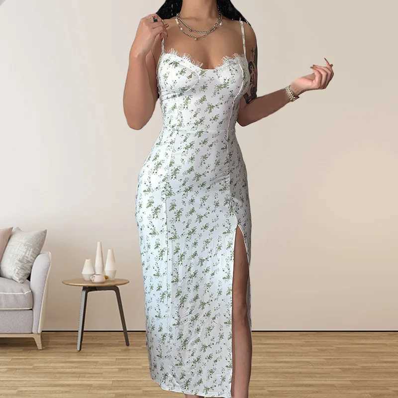 Basic Casual Dresses New Tourism vacation Women Summer Dresses Spaghetti Strap Square Neck Split Dress Floral Maxi Dress Flowy Boho Long Sundress T240