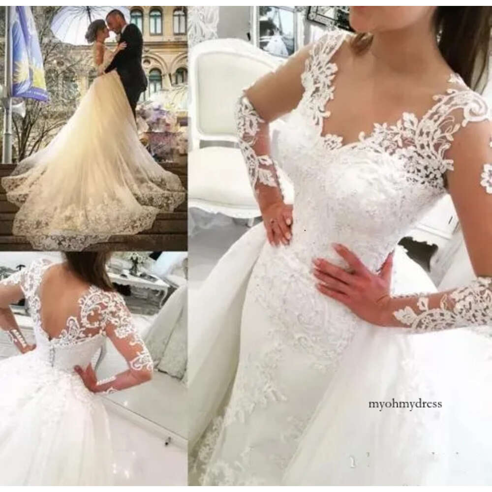 2019 Lace Illusion Long Sleeve Dresses A Line Detachable Overskirt Wedding Gowns V Neck Bridal Gown Robe De Mariage 0510