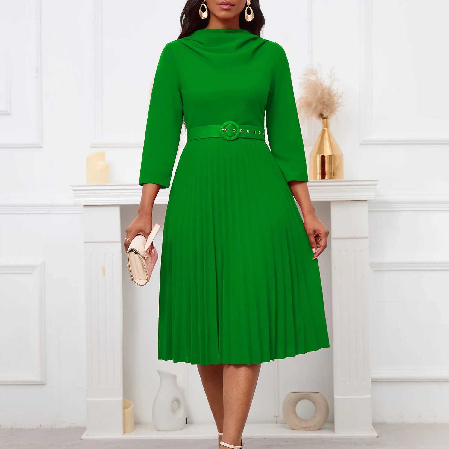 Plus size Dresses Latest Design Elegant Dresses Women Casual Solid Color Long Slve Pleated Dress Fashionable Ladies Office Dress With Belt Y240510