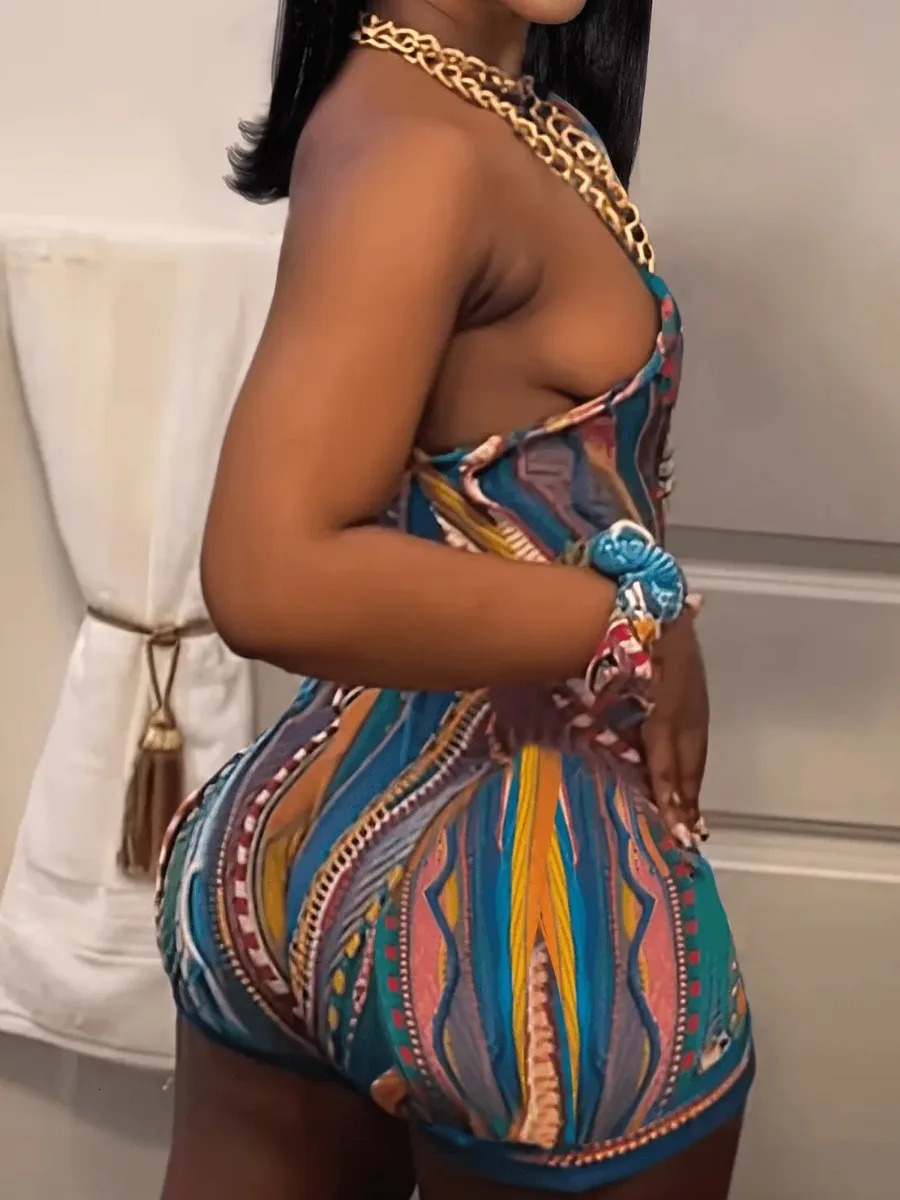 LW Asymmetrical Neck Multicolor Bodysuits One Shoulder Tribal Mixed Print Romper Sleeveless Stretch Slim Pullover Jumpsuits 240423