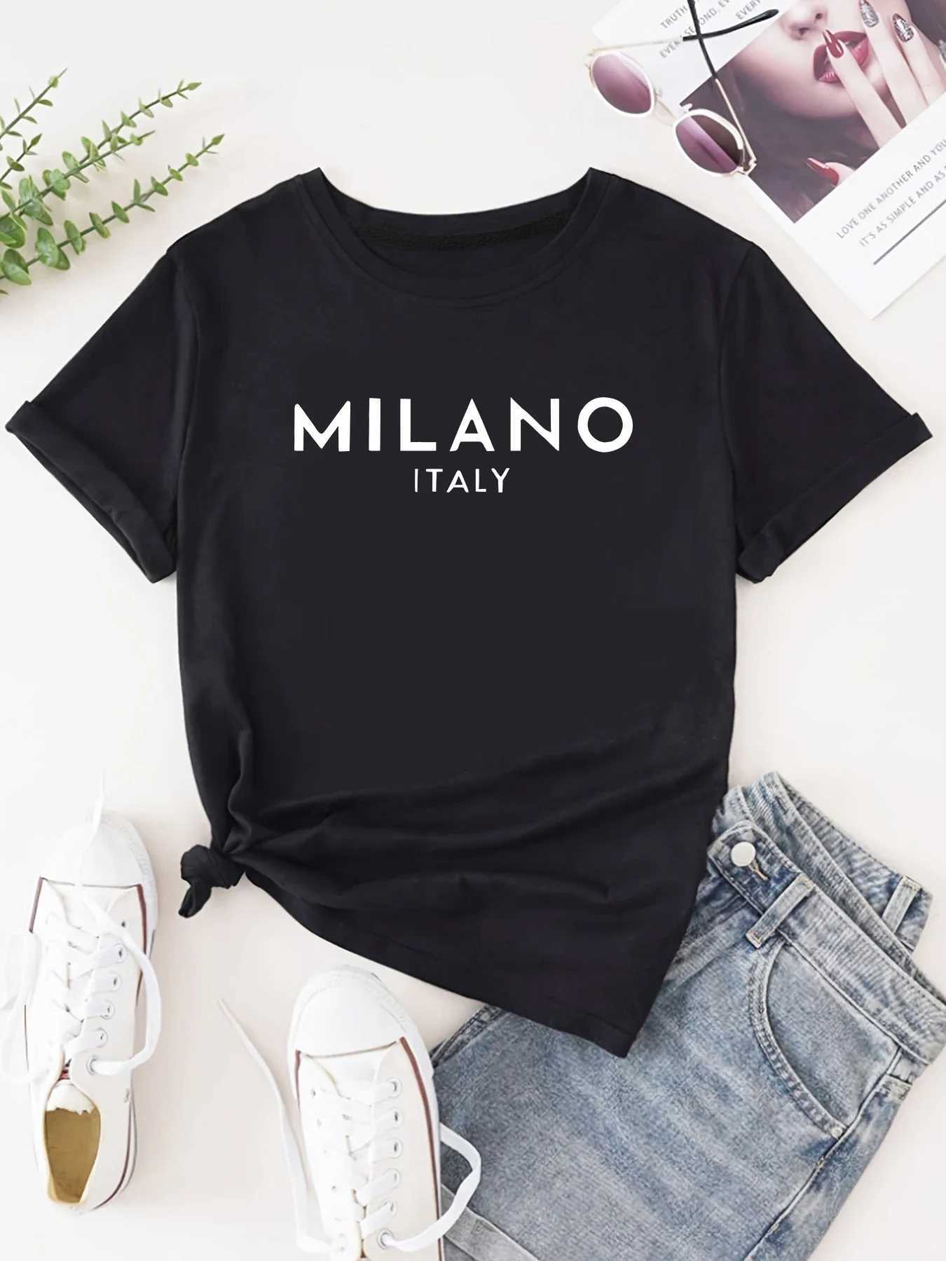 Women's T-Shirt Y2k Short Slves Summer Loose T-Shirt Milano Italy Letter Print T New Casual Crew Neck Fashion Summer Tops Womens Clothing Y24