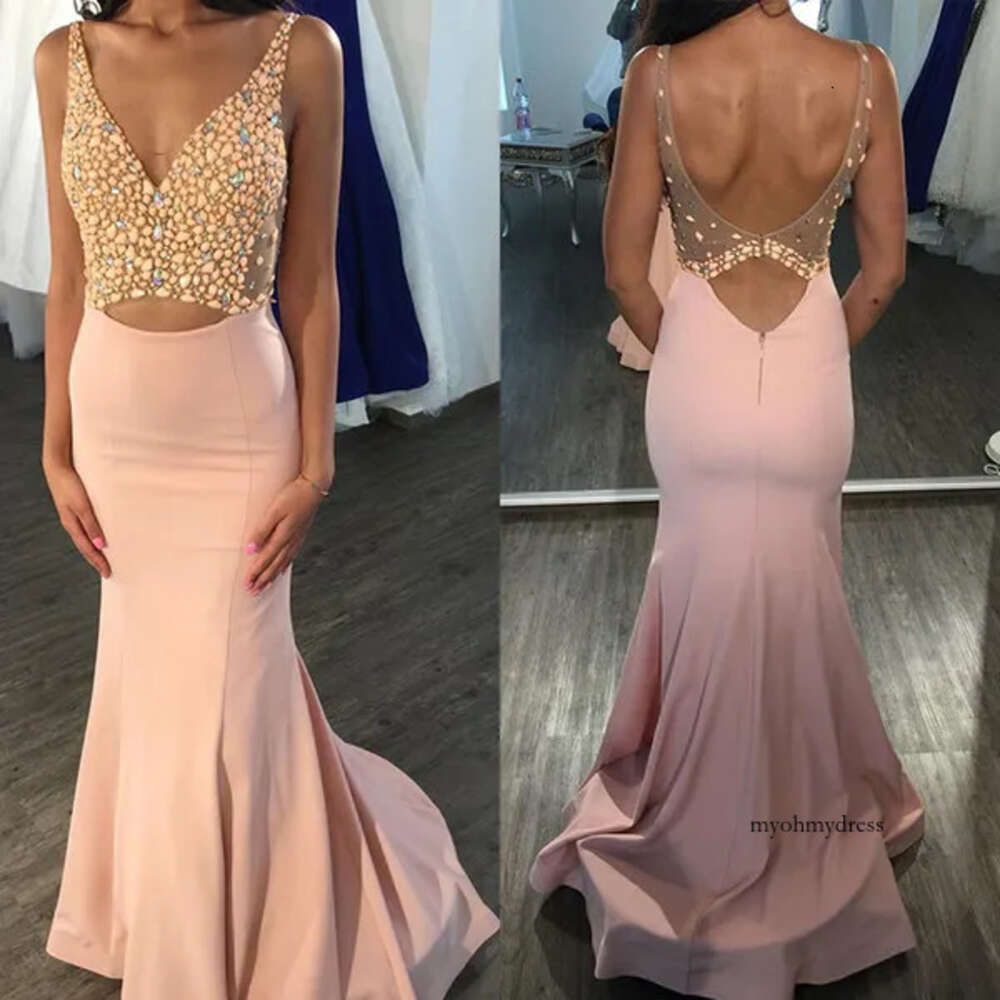 Rhinestone Beaded Top Pink Prom Deep V Neck Long Evening Sexy Open Back Party Dresses Mermaid Graduation Gowns Sleeveless 0510
