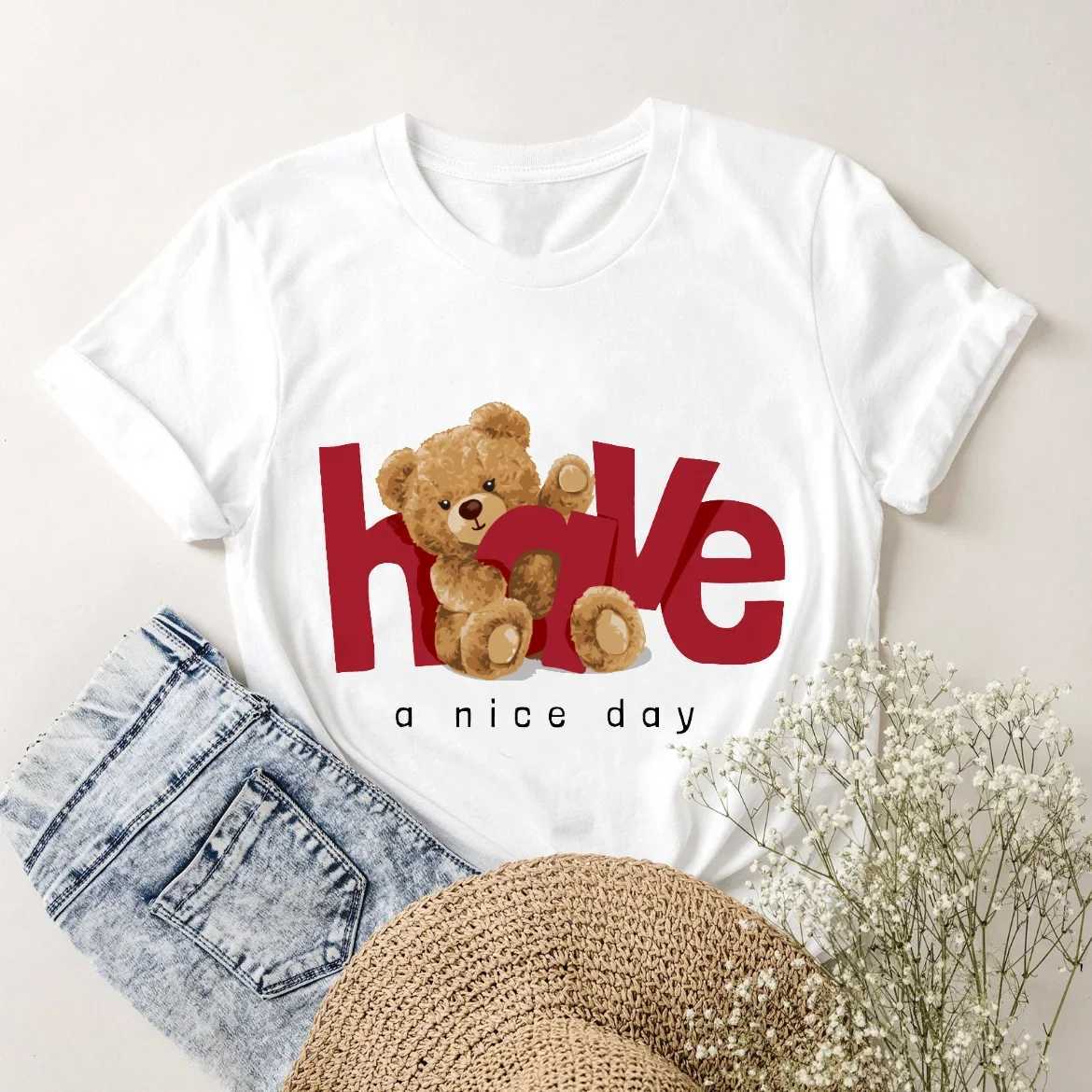 Women's T-Shirt Short Slves Pure Cotton Tops Strwear Womens Fashion Cute Swt T-Shirt Clothing Womens Casual Bear Printed Ts Y240509