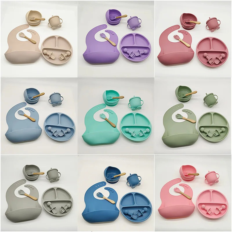 Childrens Tableware Set Baby Complementary Food Training Silicone Tableware 8pce Set Baby Suction Cups Bowls Baby Supplies 240510