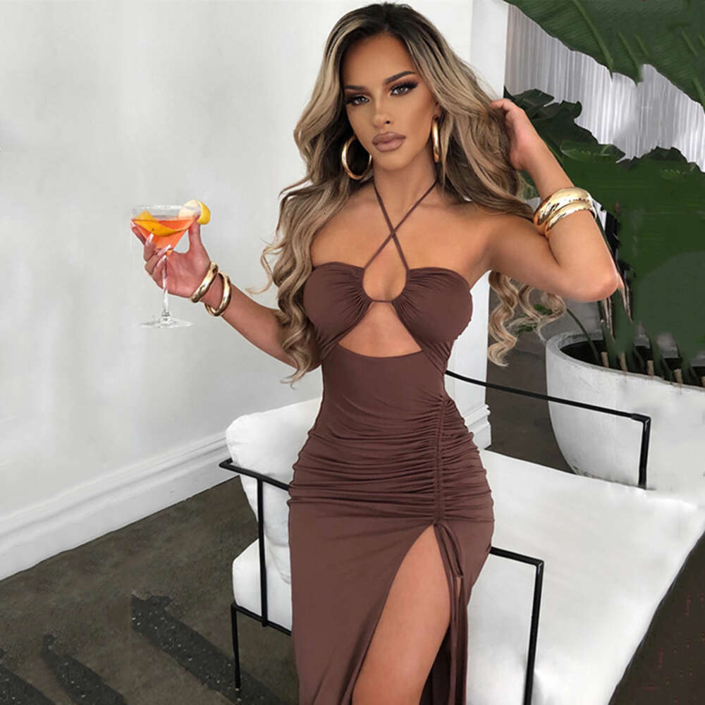 INS Spring New Sexy Spicy Girl High Split Wrinkle Hanging Neck Style Elegant Chest Show Long Dress F51033