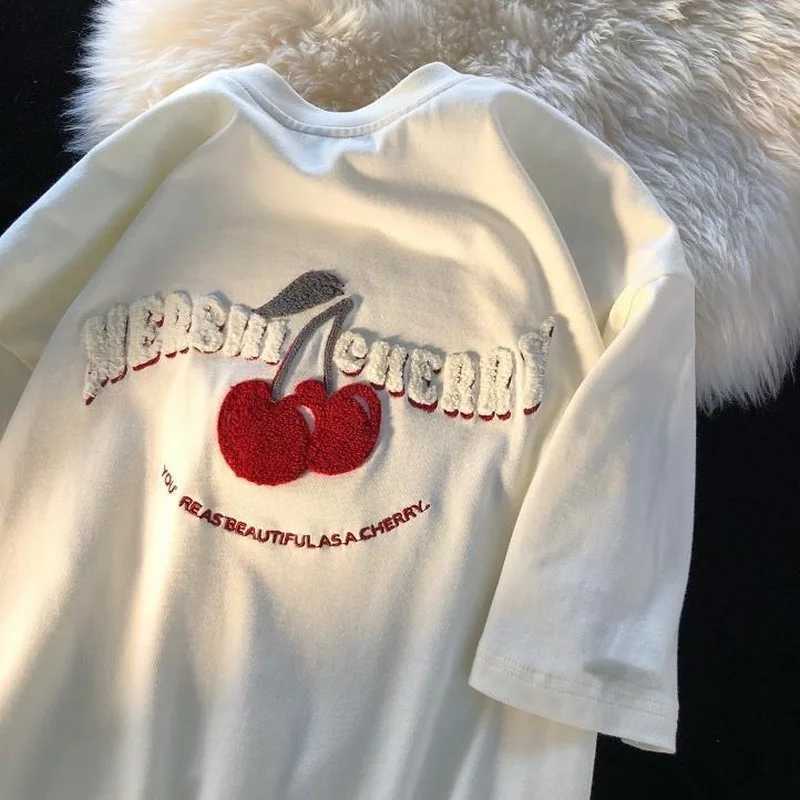Women's T-Shirt Fashion Korean Brand Chic Flock Cherry Embroidery T Shirts Kawaii Girls Tops 2022 Summer Large 3XL Harajuku Oversized Tns Y240509