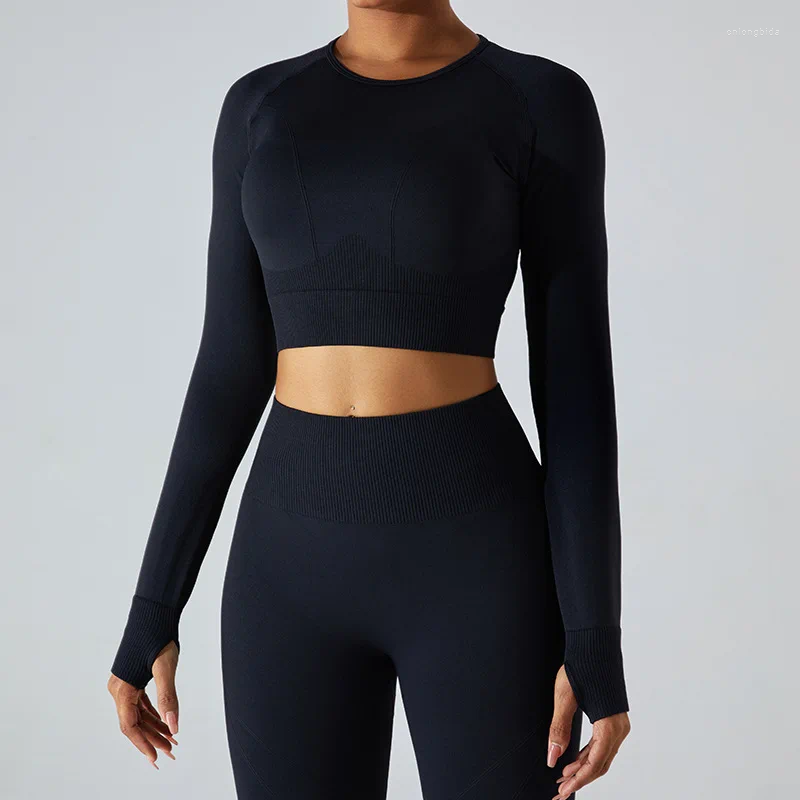 Active Shirts Women Seamless Yoga Crop Top Long Sleeves For Sports Fitness Gym Clothing Workout Tops