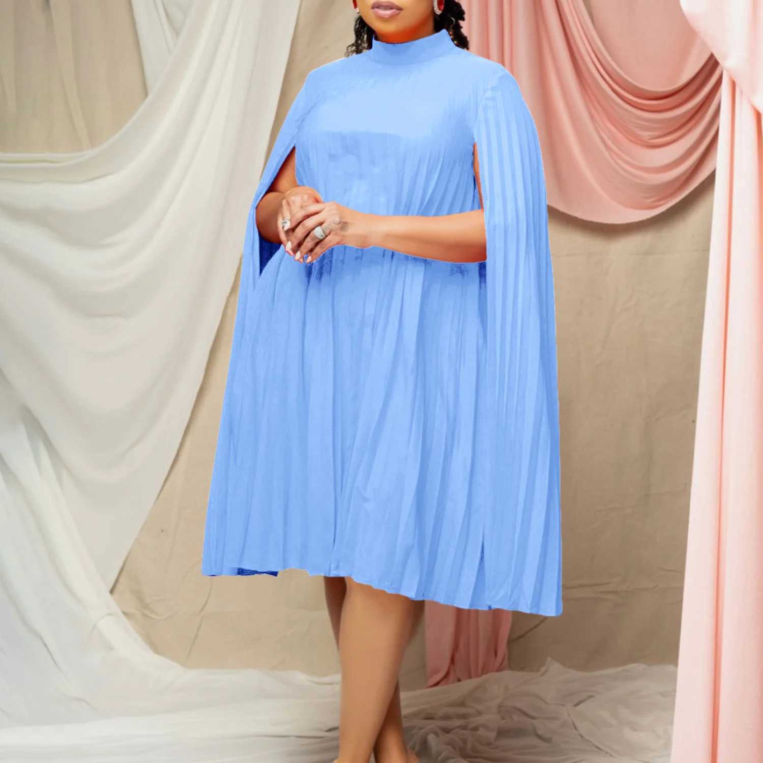 Plus size Dresses Spring Elegant Cloak For Women Long Batwing Slve Short Dresses For Women O Neck Pleated Top Dress Women plus size Y240510