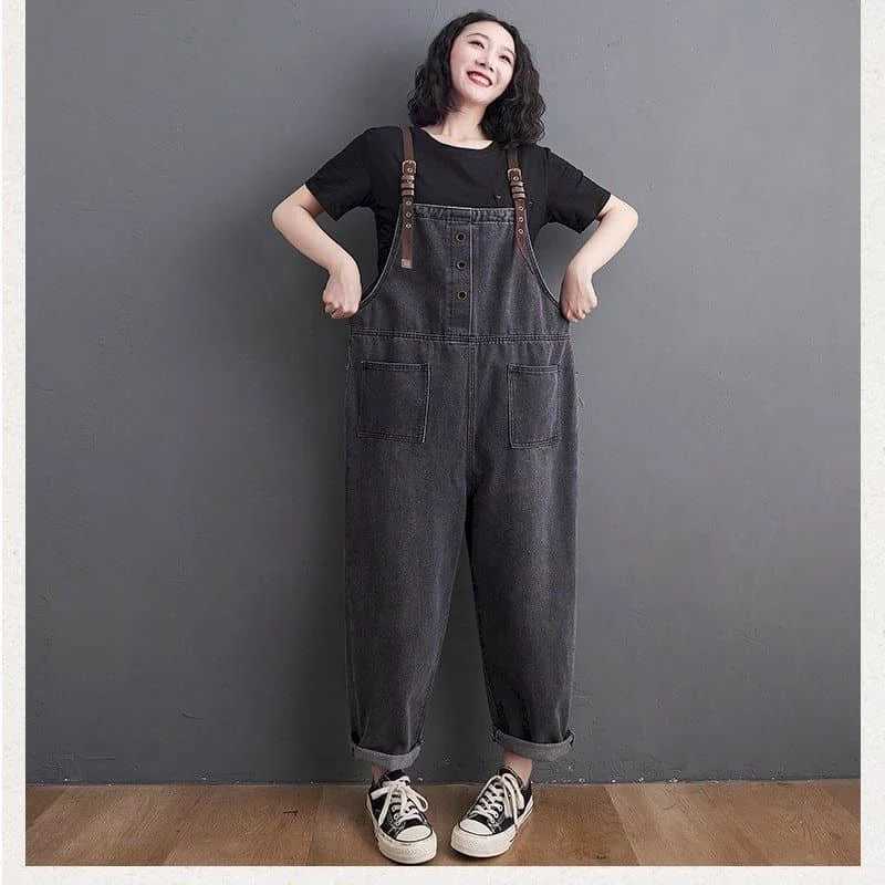 Women's Jumpsuits Rompers Black Denim Jumpsuits for Women Korean Style Solid Playsuit Wide Leg Pants Loose Trousers Oversized Overalls for Women 