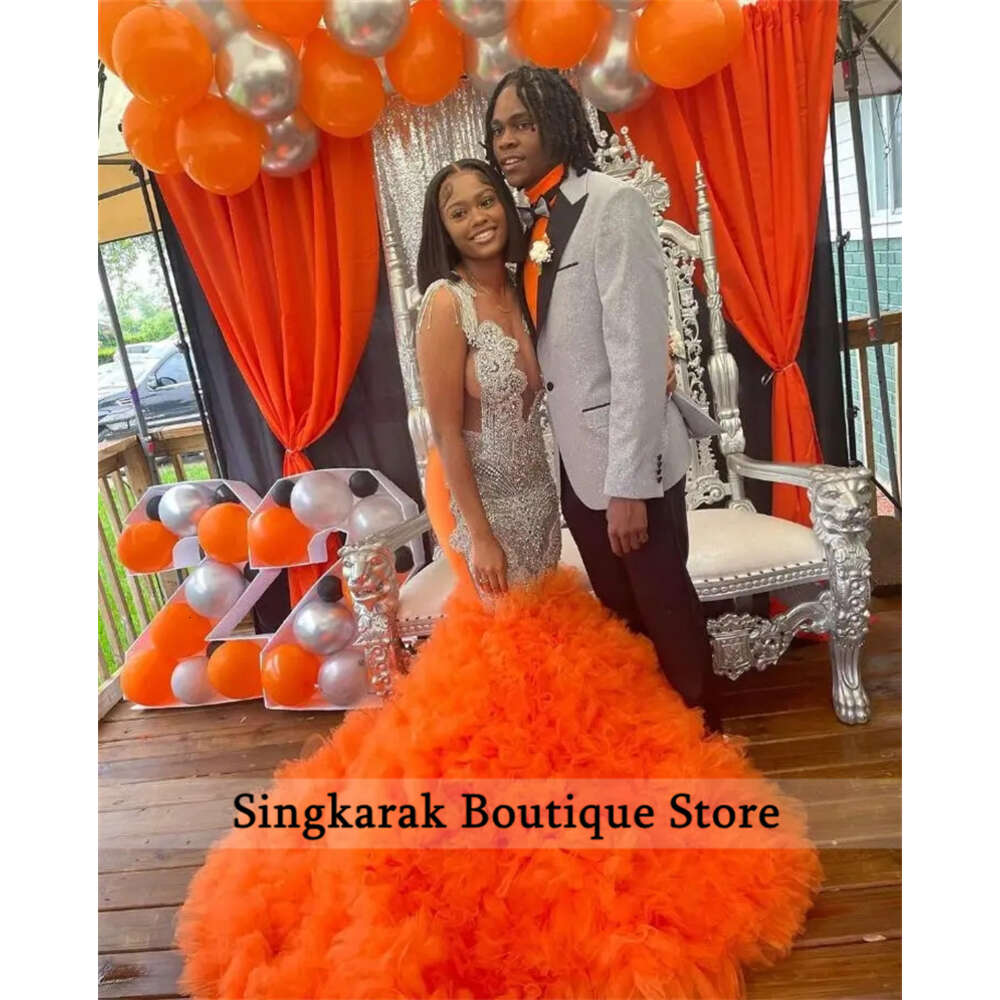 Orange Gorgeous Dias Prom Dress For Black Girls Tiered Ruffle Sparkly Crystal Rhies Tassels Birthday Party