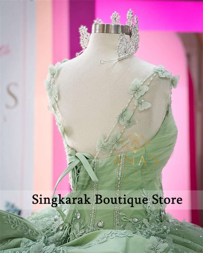 Sage Green Princess Ball Gown Quinceanera Dresses With Bow Beaded Butterfly Appliques Sequins Crystals Sweet 16 Dress Vestidos 6660306