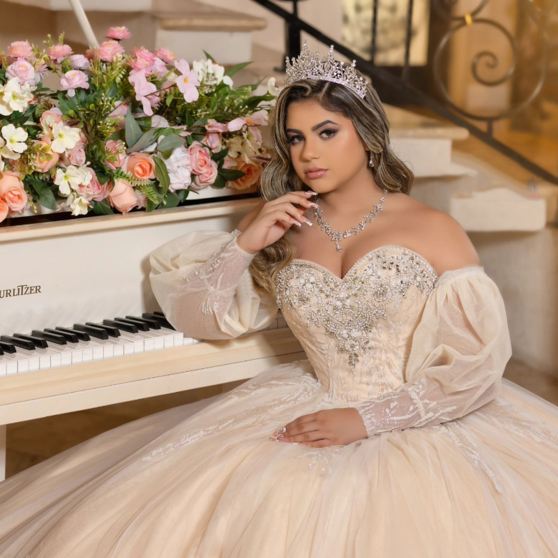 Champagne Off The Shoulder Ball Gown Quinceanera Dresses Puff Sleeve Sequined Appliques Lace Beads Tull Corset Vestidos De 15