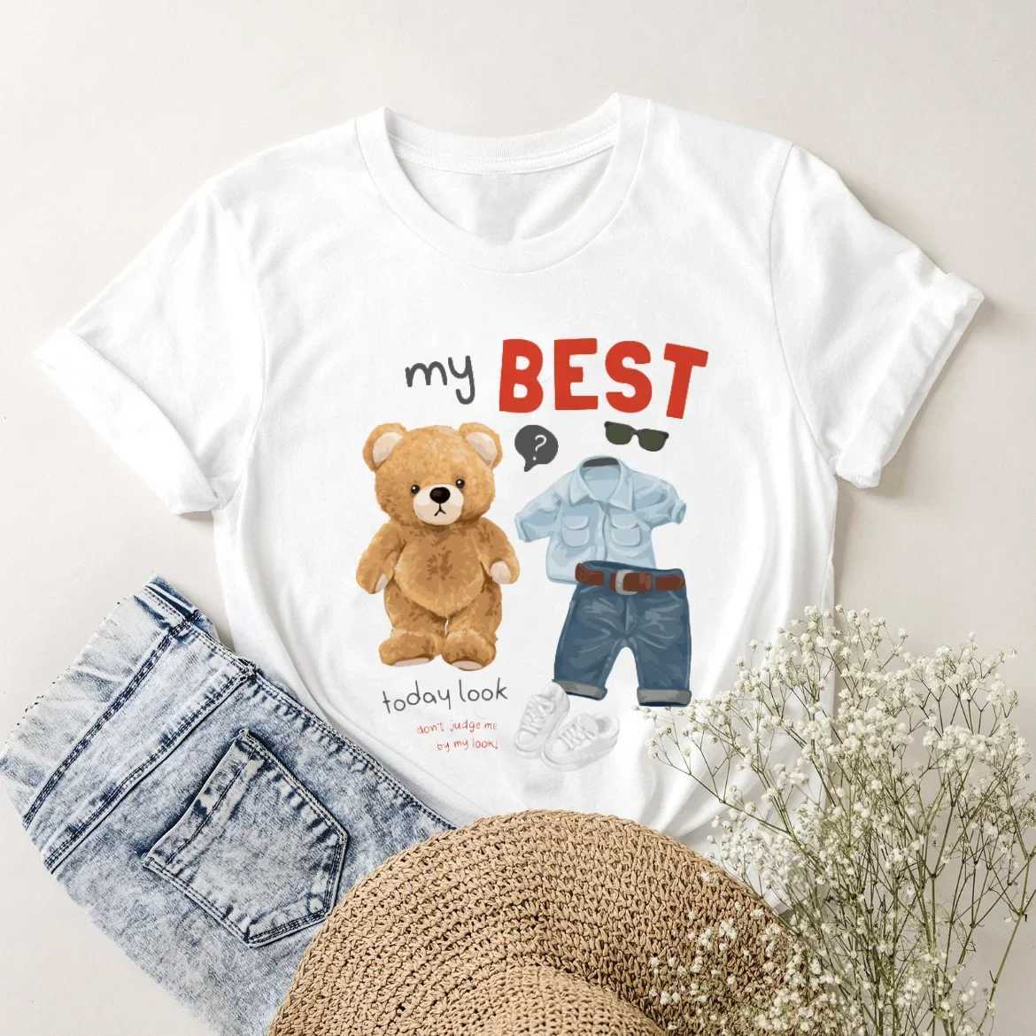 Women's T-Shirt Short Slves Pure Cotton Tops Strwear Womens Fashion Cute Swt T-Shirt Clothing Womens Casual Bear Printed Ts Y240509
