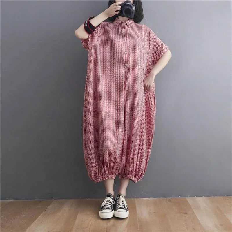 Women's Jumpsuits Rompers Cotton Linen Jumpsuits Casual Summer Polo-neck Plaid Short Slve Korean Fashion One Piece Outfits Women Clothing Loose R