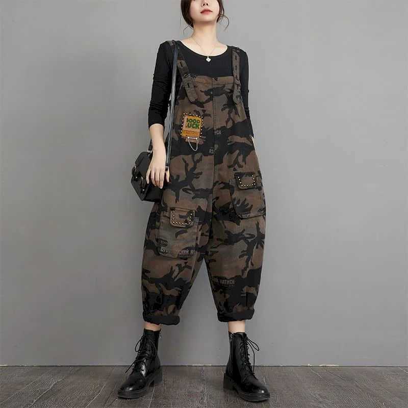 Women's Jumpsuits Rompers Denim Jumpsuits for Women Large Size One Piece Outfit Women Camouflage Romper Loose Korean Fashion Pocket Casual Vintag