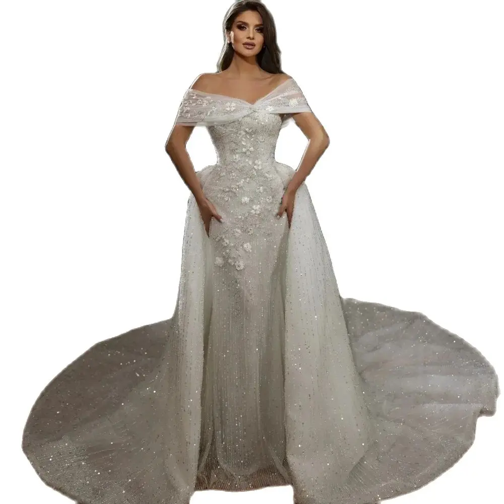 Gorgeous Mermaid Wedding Dresses 3D-Floral Appliques Bridal Gowns Detachable Train Sequins Off Shoulder Custom Made Bride Dress Vestidos De Novia