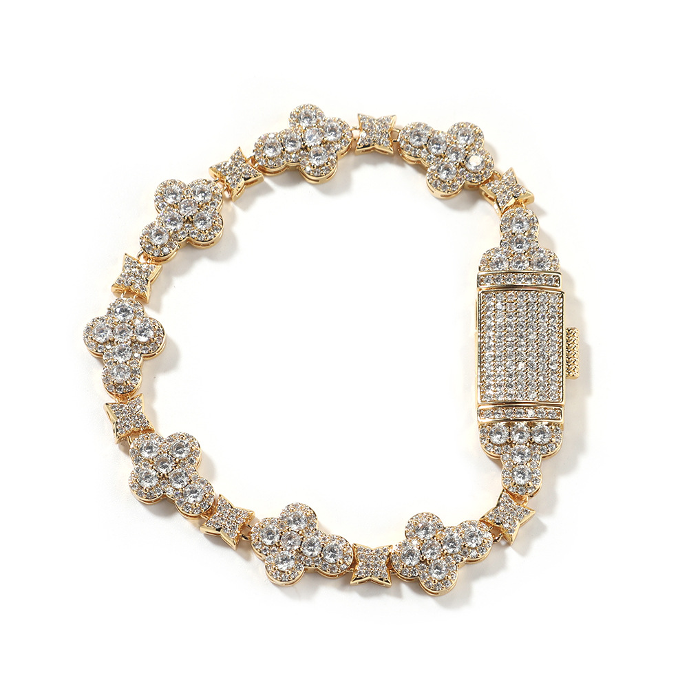 10mm Hip Hop Cross Flower Link Chain Bracelets 5A CZ Real Gold plated Jewelry