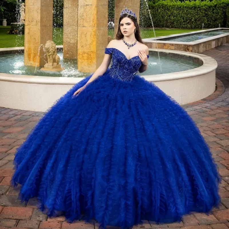 Ruffles Pluffy Ball Gown Quinceanera Dresses Crystals Beaded Off Shoulder Floor Length Princess Prom Party Dress Royal Blue Sweet 16 Dress Vestido De 