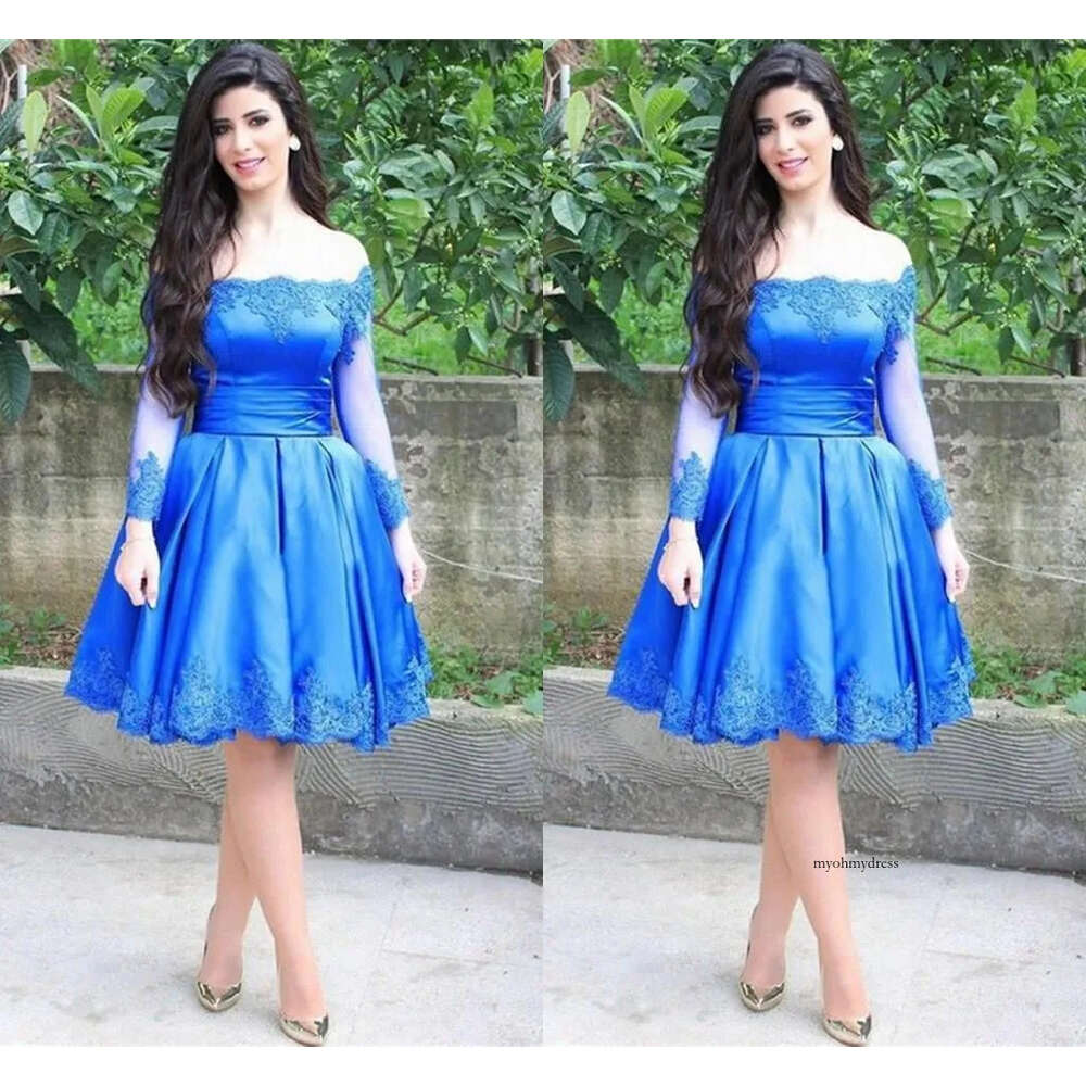 Royal Blue Short Homecoming Dresses Long Sleeve Bateau Neck Party Dress Off The Shoulder Knee Length Prom Gowns With Lace P39 0510
