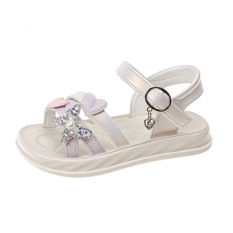 Sandals Girls Sandals Summer Sweet Princess Kids Fashion Princess Solid Children Soft PU Rhinestones Flower Shine Party Shoes 230421