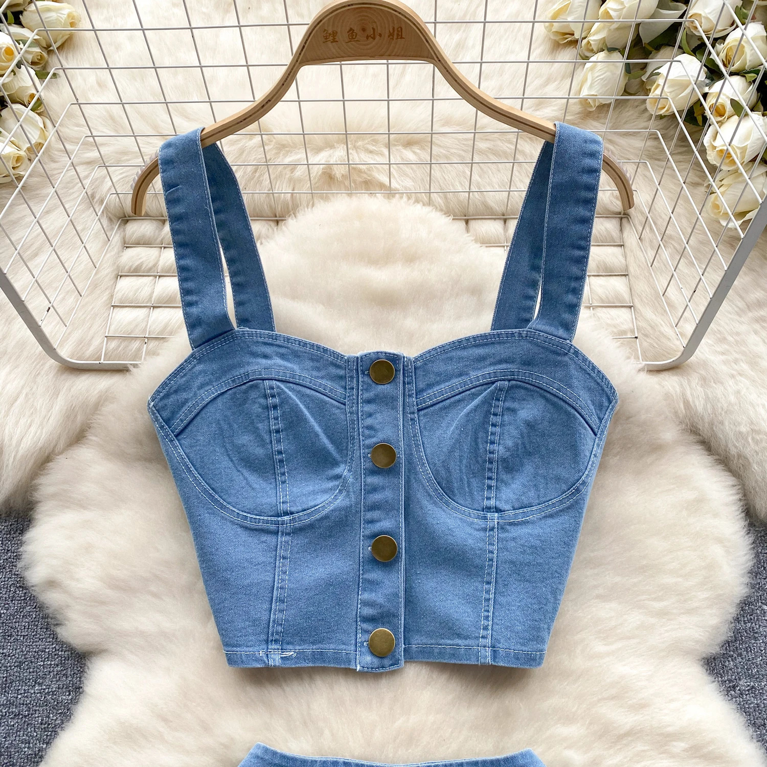 Women Jeans Matching Suits 2 Pieces Sets Woman Denim Straps Tops Pleated Mini Skirt Suit Female Clothing 240509