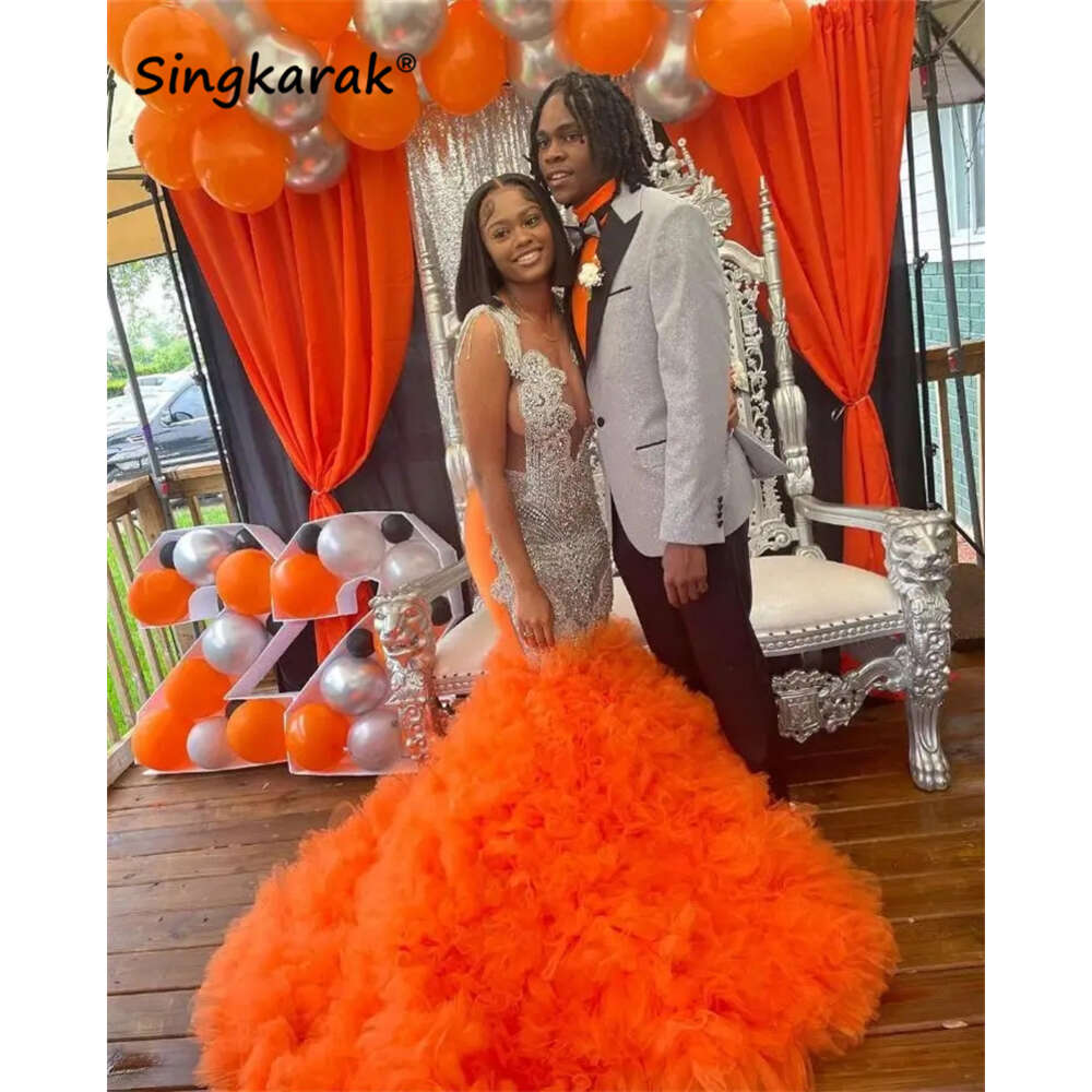 Orange Gorgeous Dias Prom Dress For Black Girls Tiered Ruffle Sparkly Crystal Rhies Tassels Birthday Party