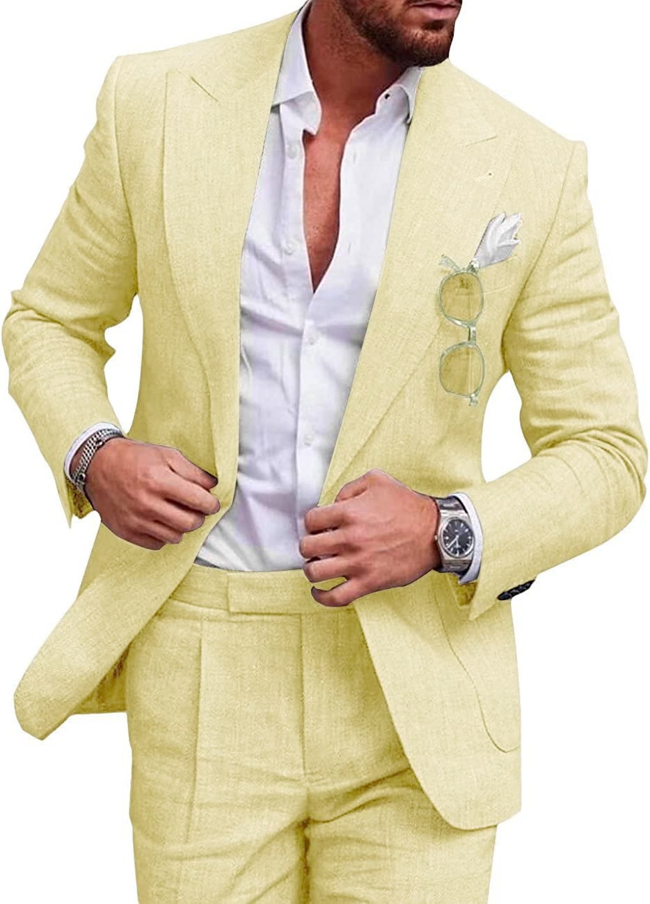 Mens Linen Suits for Beach Slim Fit 2 Piece Wedding Tuxedo for Men Attire Casual Summer Groomsmen Suit Holiday Party Marriage One Button