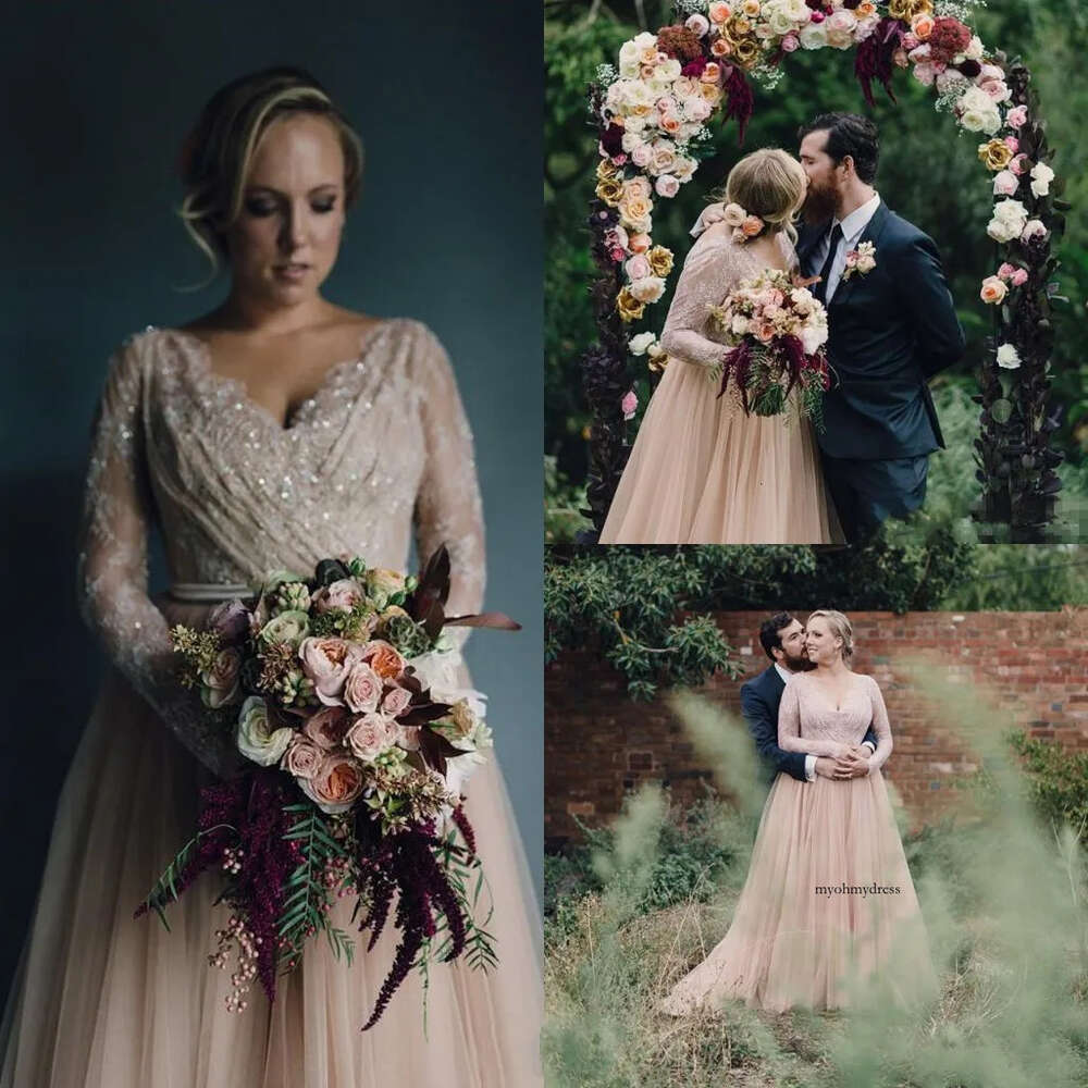 2017 Long Sleeve Plus Size Tulle Dresses A-Line Country Wedding Sequined Lace Top Garden Bridal Gowns V Neck Custom Made 0510