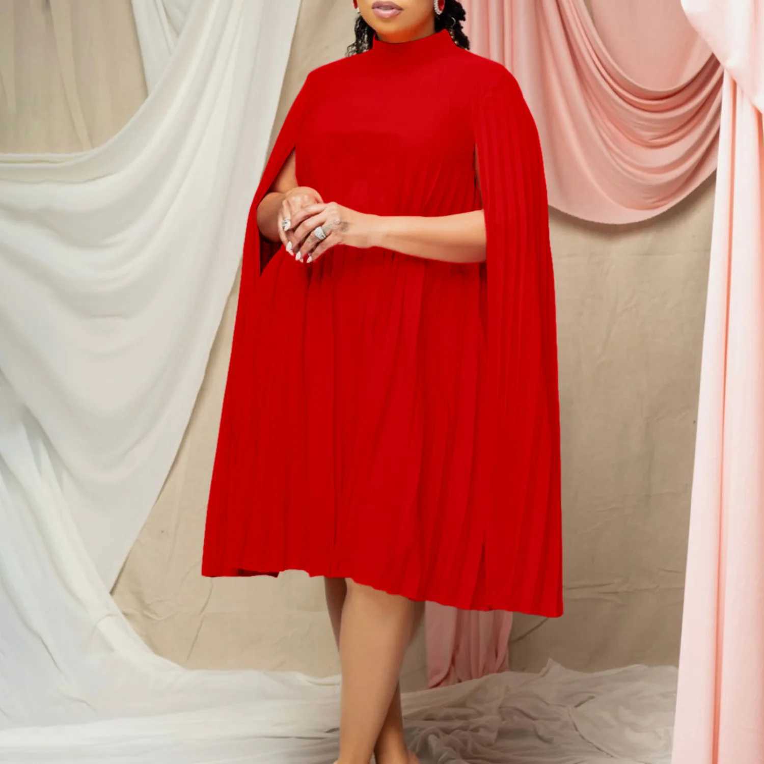 Plus size Dresses Spring Elegant Cloak For Women Long Batwing Slve Short Dresses For Women O Neck Pleated Top Dress Women plus size Y240510