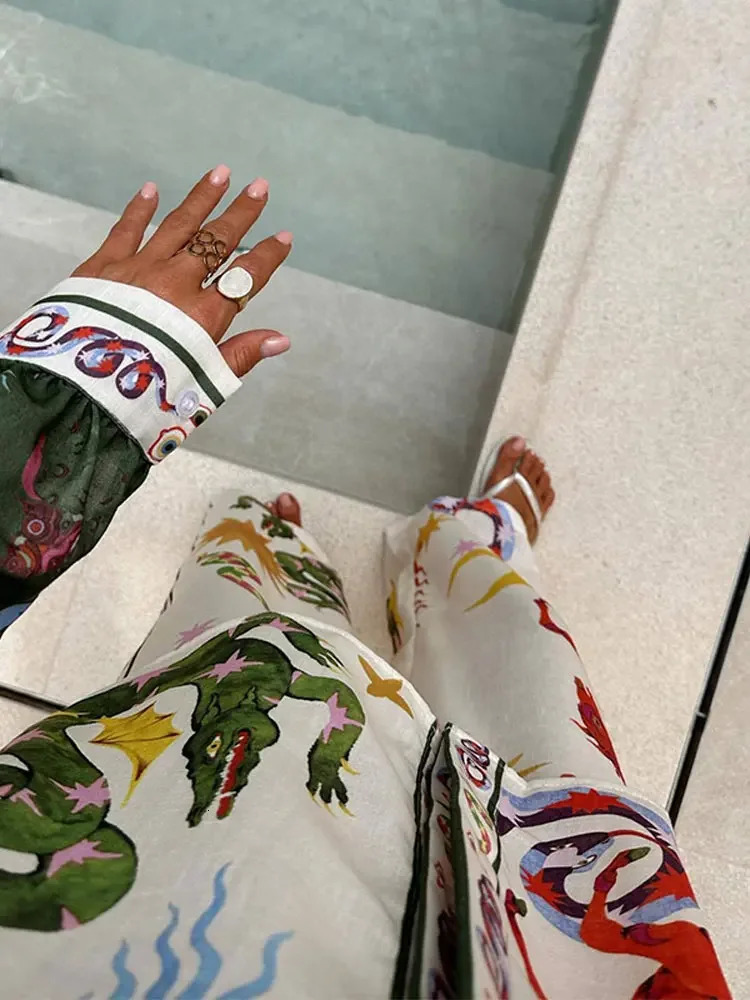 Elegant Printed Pants 2 Piece Set Causal Lapel Sing Breatsed Long Sleeved Elastic Waist Pant Suits Ladies Holiday Beachwear 240510