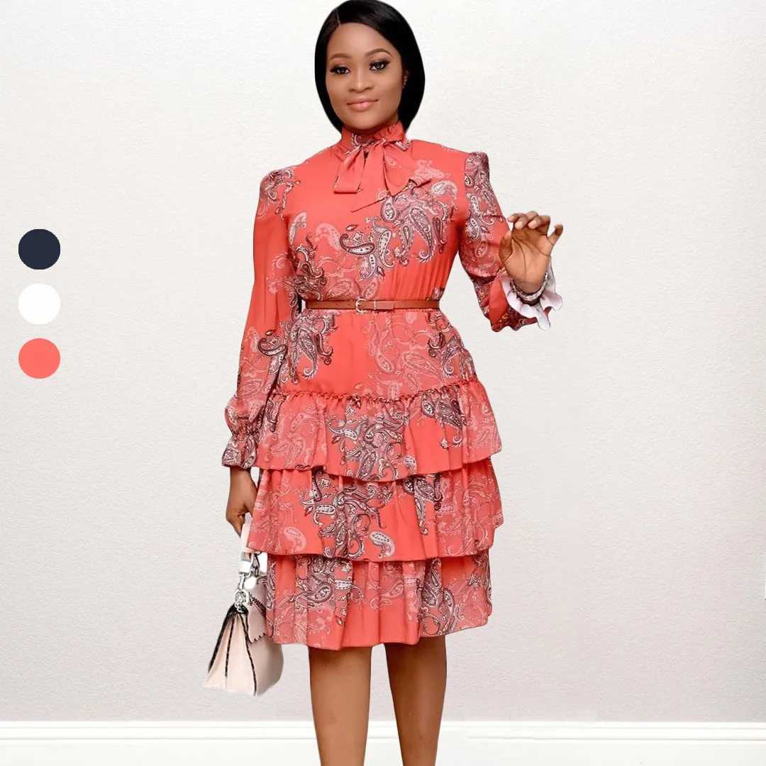 Plus size Dresses Autumn Africa fashion design womens floral dress with belt plus size bow collar latest elegance ladys causal dress Y240510