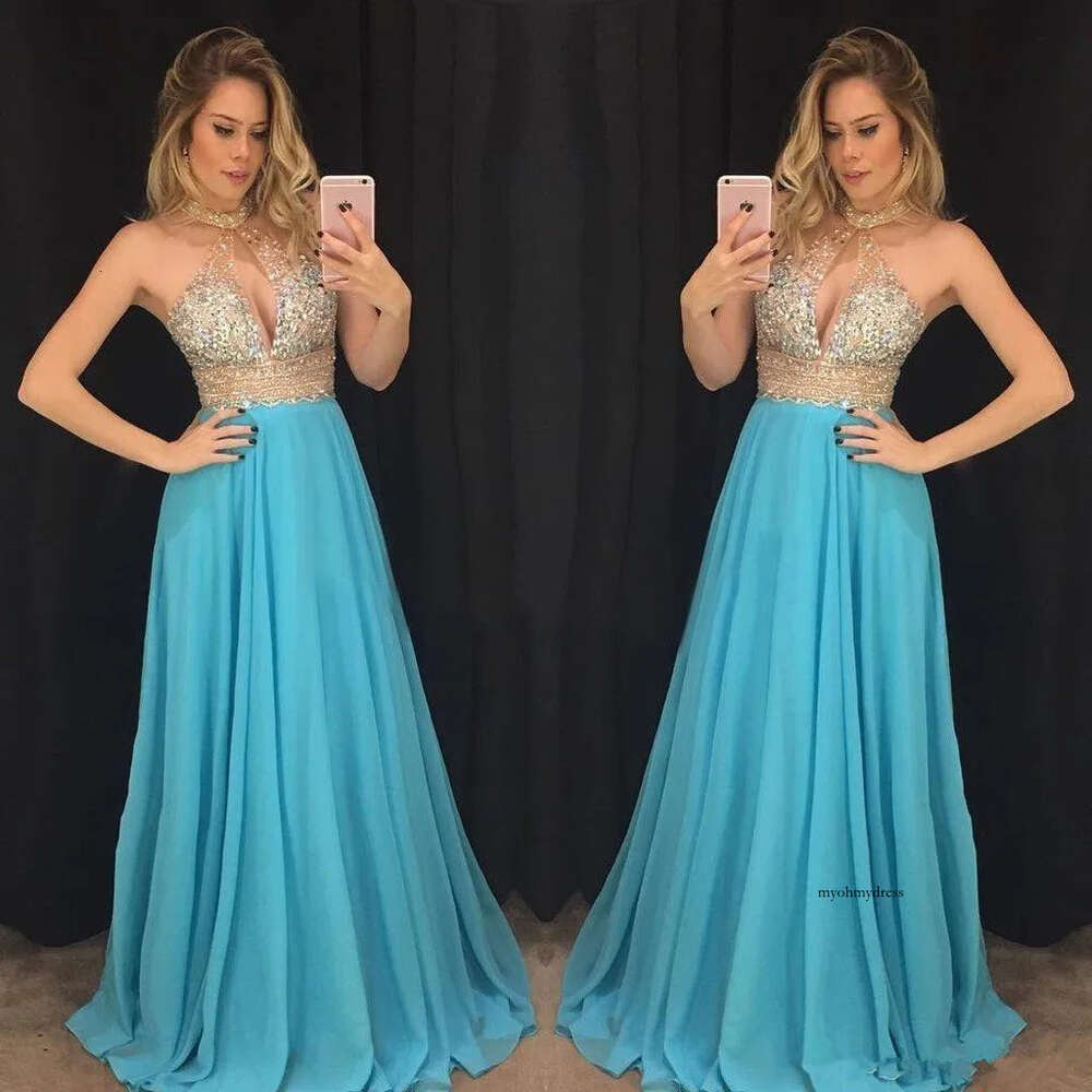 Hot Sale Bling 2019 Prom Dresses Crystal Beading Halter Neck Formal Evening Gowns Sexy Illusion A Line Chiffon Girls Party Dress M44 0510