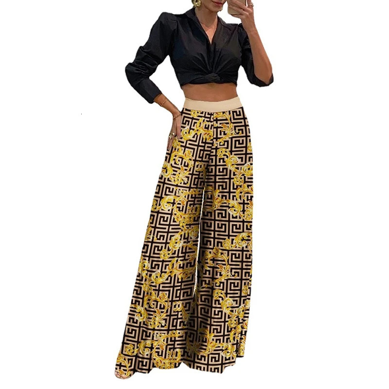 Fashion Women Sets Bohemia Beach Style Street Trendy VNeck Long Sleeve Shirt Top Wide Leg Pants High Waist Set 240423