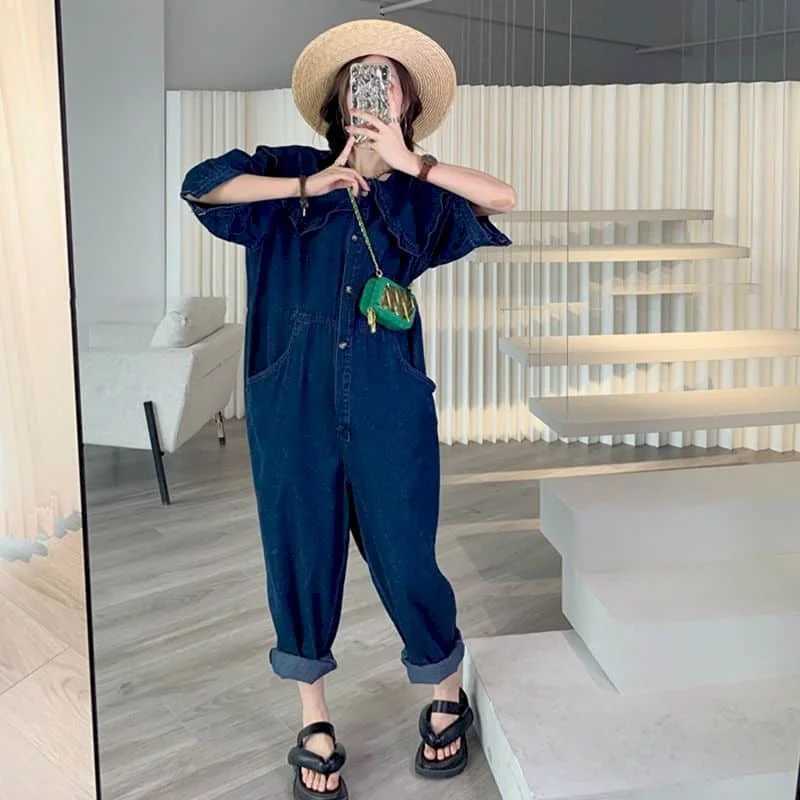 Women's Jumpsuits Rompers Denim Jumpsuits for Women Doll Collar Half Slved Korean Style Overalls Solid Workwear Women Rompers Casual Vintage Play