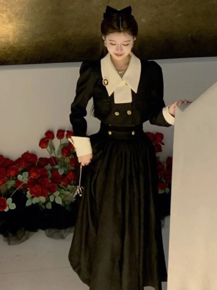 Spring Elegant 2 Piece Sets Womens Vintage Black Blazer Skirts Suit Femme Outfits Autumn Korean Fashion y2k Clothes 240423
