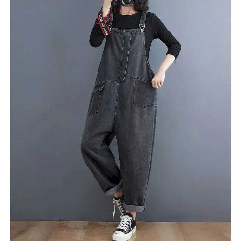 Women's Jumpsuits Rompers Solid Jumpsuits for Women Pocket Design Straight Pants Vintage One Piece Outfit Women Clothing Safari Style Loose Casua