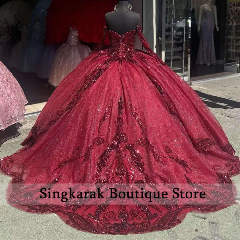 Glitter Princess Bury Quinceanera With Detachable Bell Sleeves Sweet 16 Dress Sequins Appliques Beads Vestidos Ball Gown