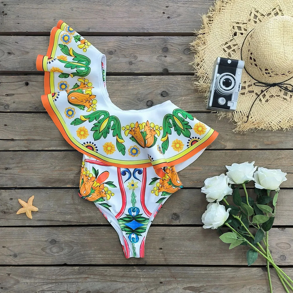 2024 Women Swimwear 2PC Cover-up Swimsuit Ruffle Solid Printed Deep V One-piece Monokini Kimono Bikini Suit Summer Beachwear 240510