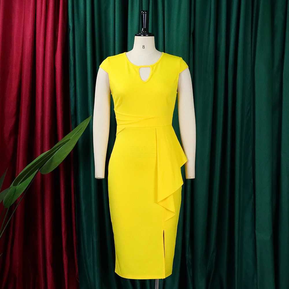 Plus size Dresses 2024 New O-Neck Vintage Vestidos Simple hollow out solid Bodycon Office Casual Dress Women Sheath Pencil Dresses Y240510